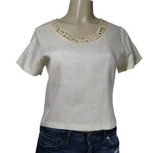 VTG 50s LINEN Blend Beige Lace Cutwork Crop Blouse  Demure Mad Men Fairy Mod M